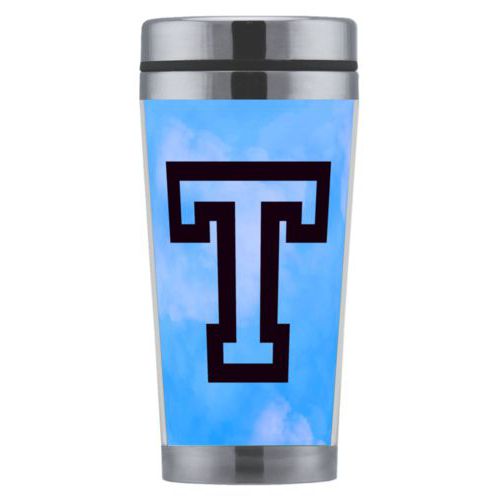 Personalized coffee mug personalized with light blue cloud pattern and the saying "T"