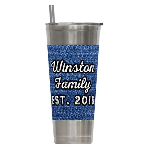 Personalized insulated steel tumbler personalized with denim industrial pattern and the saying "Winston Family Est. 2019"