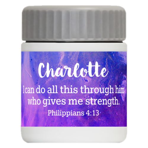 Personalized 12oz food jar personalized with ombre amethyst pattern and the saying "Charlotte I can do all this through him who gives me strength. Philippians 4:13"