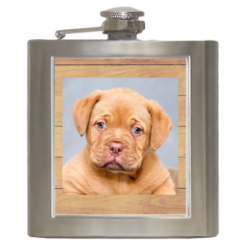 Personalized 6oz flask personalized with natural wood pattern and photo