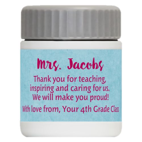 Personalized 12oz food jar personalized with teal chalk pattern and the saying "Mrs. Jacobs Thank you for teaching, inspiring and caring for us. We will make you proud! With love from, Your 4th Grade Class"