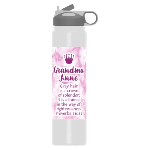 Personalized water bottle personalized with pink marble pattern and the sayings "Grandma Anne Gray hair is a crown of splendor; It is attained in the way of righteousness. Proverbs 16:31" and "Crown"
