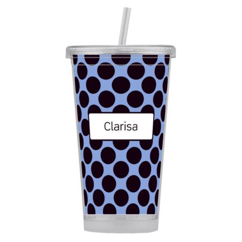 Personalized tumbler personalized with dots pattern and name in black and serenity blue