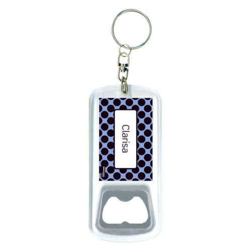Personalized bottle opener personalized with dots pattern and name in black and serenity blue