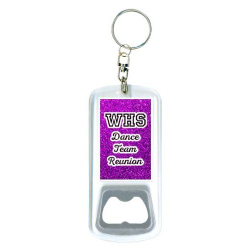Personalized bottle opener personalized with fuchsia glitter pattern and the saying "WHS Dance Team Reunion"