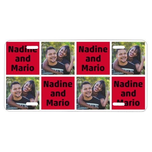Custom license plate personalized with a photo and the saying "Nadine and Mario" in black and apple red