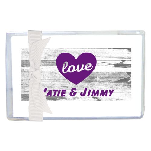 Personalized enclosure cards personalized with white rustic pattern and the sayings "love" and "Katie & Jimmy"