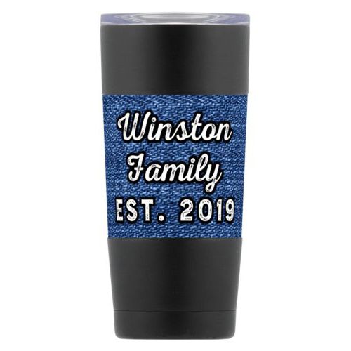 Personalized insulated steel mug personalized with denim industrial pattern and the saying "Winston Family Est. 2019"