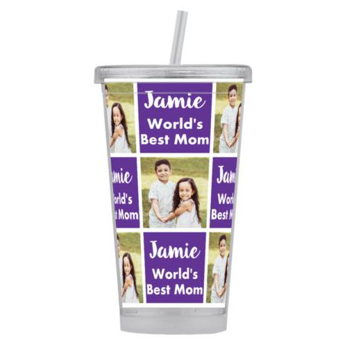 Personalized tumbler personalized with a photo and the saying "Jamie World's Best Mom" in purple and white
