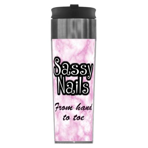 Personalized steel mug personalized with pink marble pattern and the sayings "Sassy Nails" and "From hand to toe"