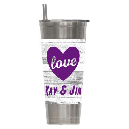 Personalized insulated steel tumbler personalized with white rustic pattern and the sayings "love" and "Kay & Jim"