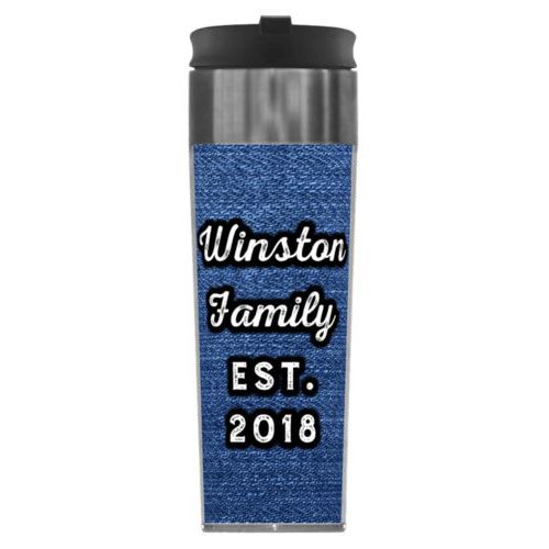 Personalized steel mug personalized with denim industrial pattern and the saying "Winston Family Est. 2018"