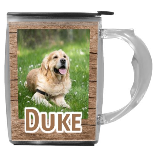 Custom mug with handle personalized with brown wood pattern and photo and the saying "Duke"