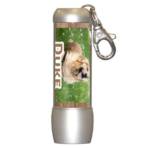 Personalized flashlight personalized with brown wood pattern and photo and the saying "Duke"