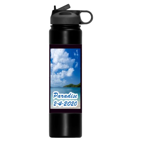 Personalized water bottle personalized with photo and the saying "Paradise 2-4-2020"