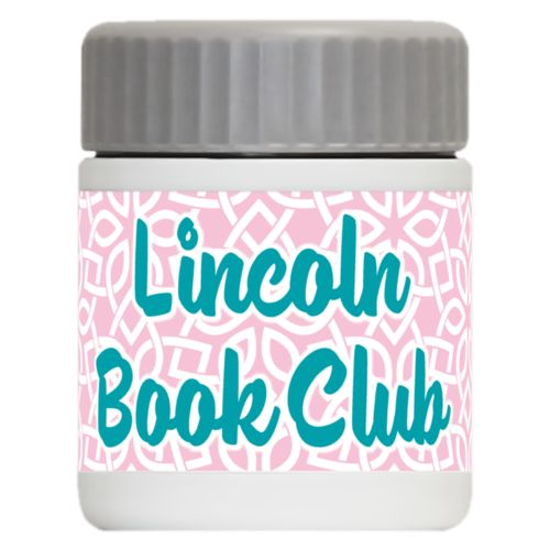 Personalized 12oz food jar personalized with lattice pattern and the saying "Lincoln Book Club"