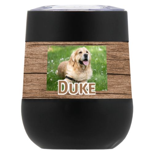 Personalized insulated wine tumbler personalized with brown wood pattern and photo and the saying "Duke"