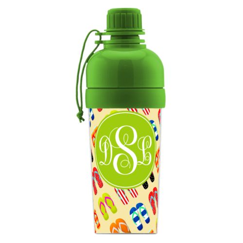 Kids water bottle personalized with flip flops pattern and monogram in red orange
