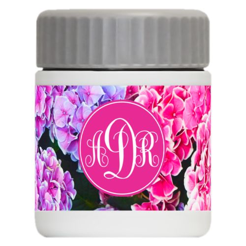Personalized 12oz food jar personalized with hydrangea pattern and monogram in pink