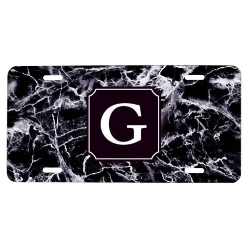 Custom car plate personalized with onyx pattern and initial in black licorice