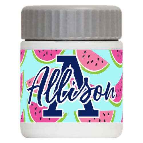 Personalized 12oz food jar personalized with fruit watermelon pattern and the sayings "A" and "Allison"