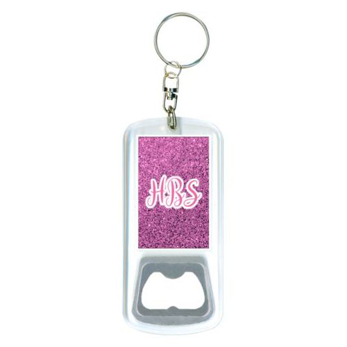 Personalized bottle opener personalized with light pink glitter pattern and the saying "HBS"
