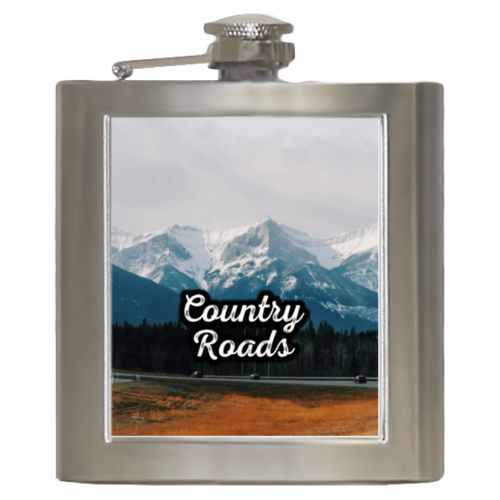 Personalized 6oz flask personalized with photo and the saying "Country Roads"