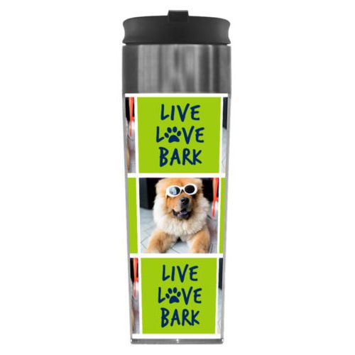 Personalized steel mug personalized with a photo and the saying "Live love bark" in navy blue and juicy green