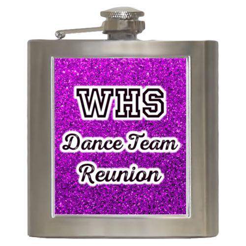 Personalized 6oz flask personalized with fuchsia glitter pattern and the saying "WHS Dance Team Reunion"