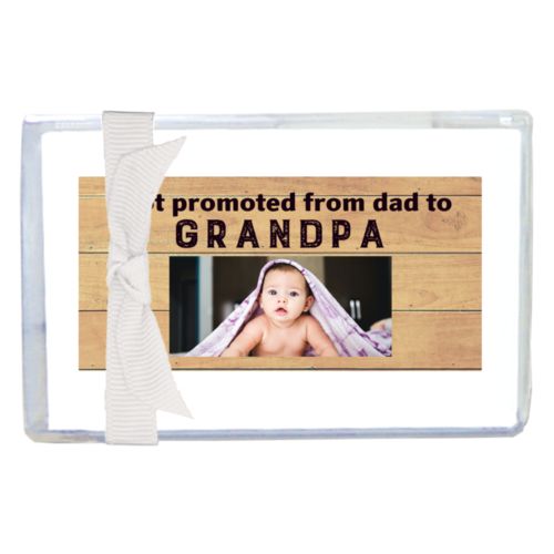 Personalized enclosure cards personalized with natural wood pattern and photo and the saying "I got promoted from dad to grandpa"