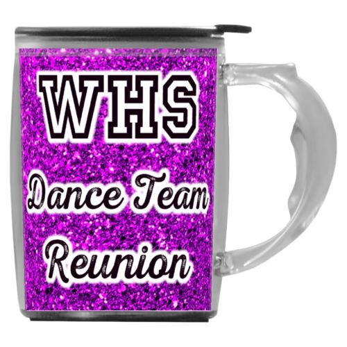 Custom mug with handle personalized with fuchsia glitter pattern and the saying "WHS Dance Team Reunion"