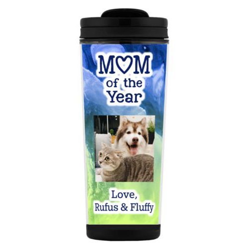 Custom tall coffee mug personalized with ombre quartz pattern and photo and the sayings "Mom of the Year" and "Love, Rufus & Fluffy"