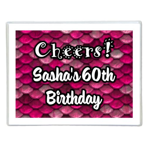 Personalized note cards personalized with pink mermaid pattern and the saying "Cheers! Sasha's 60th Birthday"