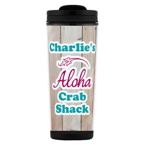 Custom tall coffee mug personalized with light wood pattern and the sayings "Aloha" and "Charlie's Crab Shack"