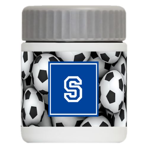 Personalized 12oz food jar personalized with soccer balls pattern and initial in royal blue