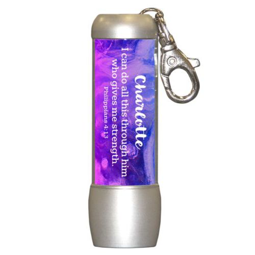 Personalized flashlight personalized with ombre amethyst pattern and the saying "Charlotte I can do all this through him who gives me strength. Philippians 4:13"