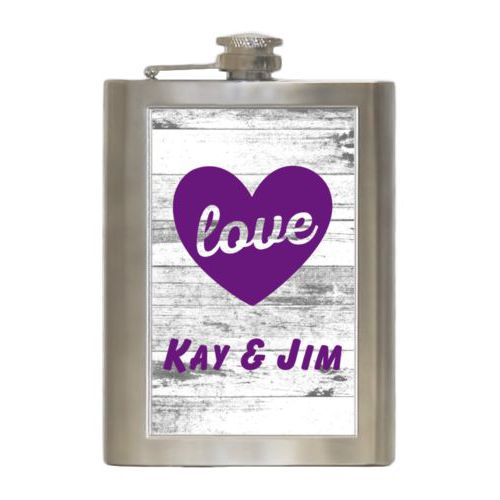 Personalized 8oz flask personalized with white rustic pattern and the sayings "love" and "Kay & Jim"
