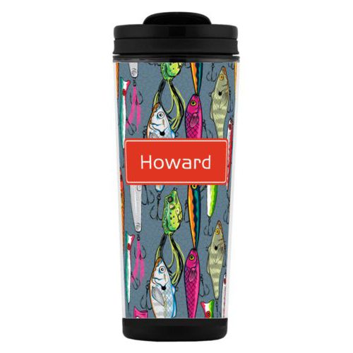 Custom tall coffee mug personalized with fishing lures pattern and name in strong red
