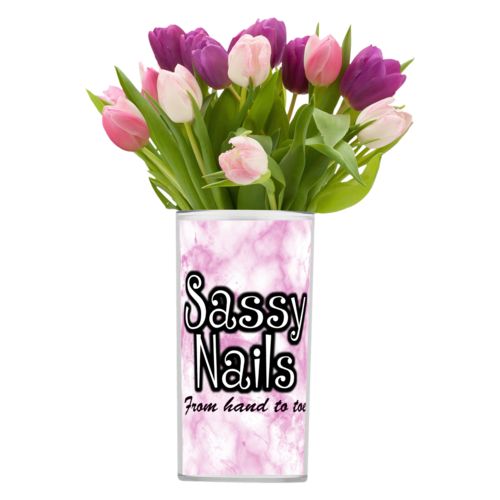 Personalized vase personalized with pink marble pattern and the sayings "Sassy Nails" and "From hand to toe"