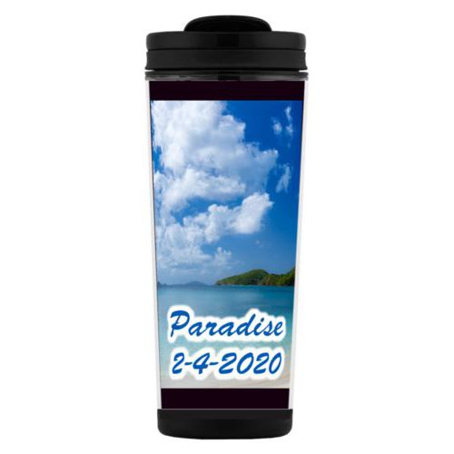 Custom tall coffee mug personalized with photo and the saying "Paradise 2-4-2020"
