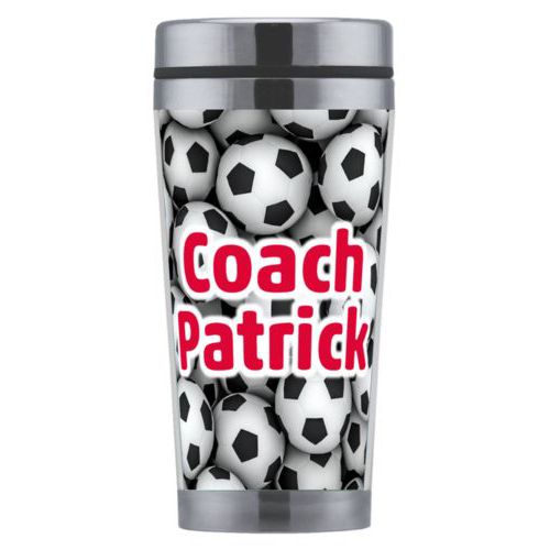 Personalized coffee mug personalized with soccer balls pattern and the saying "Coach Patrick"