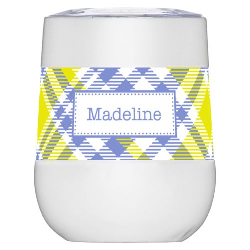 Personalized insulated wine tumbler personalized with tartan pattern and name in periwinkle and neon yellow