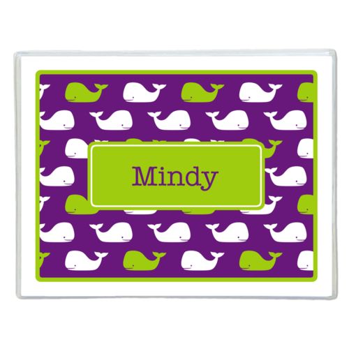 Personalized note cards personalized with whales pattern and name in orchid and juicy green