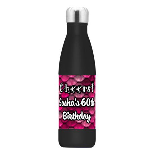 Insulated water bottle personalized with pink mermaid pattern and the saying "Cheers! Sasha's 60th Birthday"