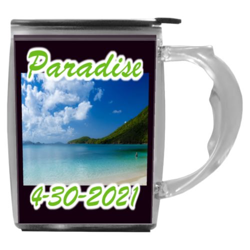 Custom mug with handle personalized with photo and the sayings "Paradise" and "4-30-2021"