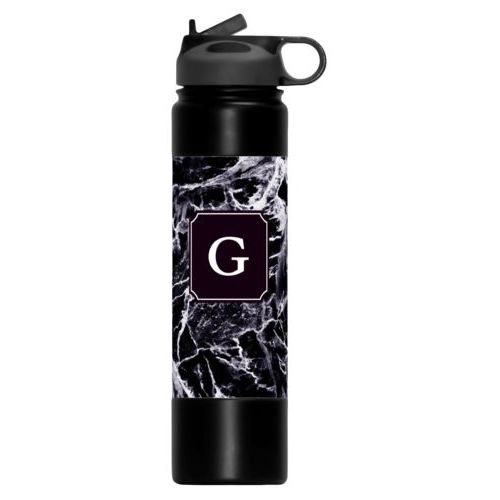 Custom water bottle personalized with onyx pattern and initial in black licorice