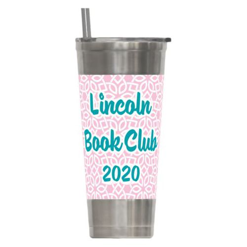 Personalized insulated steel tumbler personalized with lattice pattern and the saying "Lincoln Book Club 2020"
