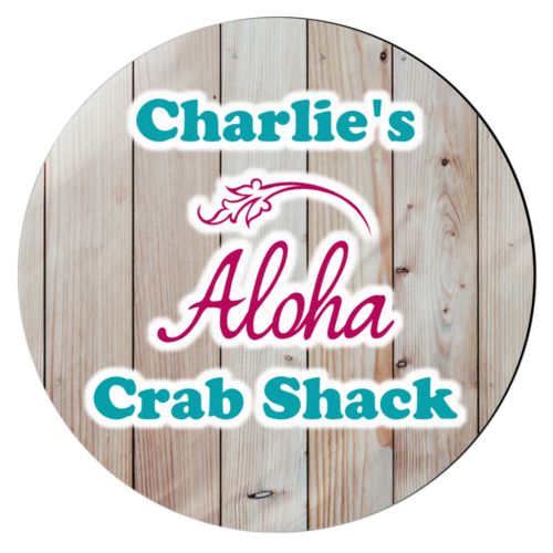 Personalized coaster personalized with light wood pattern and the sayings "Aloha" and "Charlie's Crab Shack"