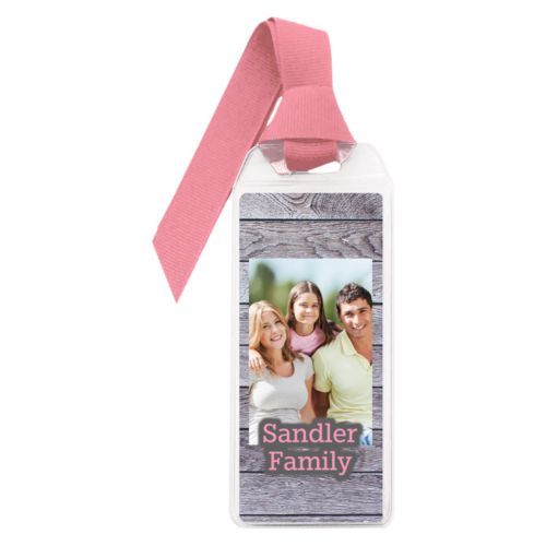 Personalized book mark personalized with grey wood pattern and photo and the saying "Sandler Family"