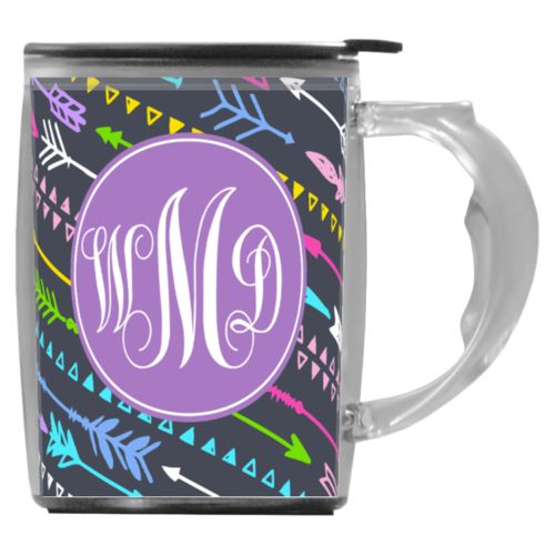 Custom mug with handle personalized with arrows pattern and monogram in purple powder